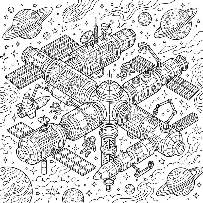 Embark on an epic cosmic journey with this detailed space station coloring page, designed especially for teens. Explore intricate modules, daring astronauts, and distant planets ready for your creative touch.