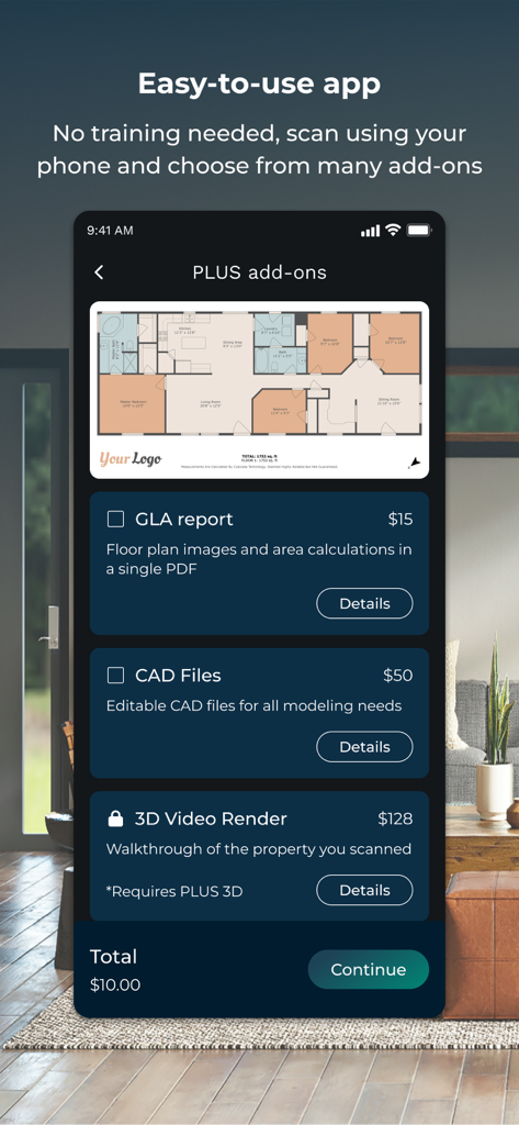 CubiCasa | 2D & 3D Floor Plans - CubiCasa app screen showing floor plan add-on options including GLA reports and CAD files