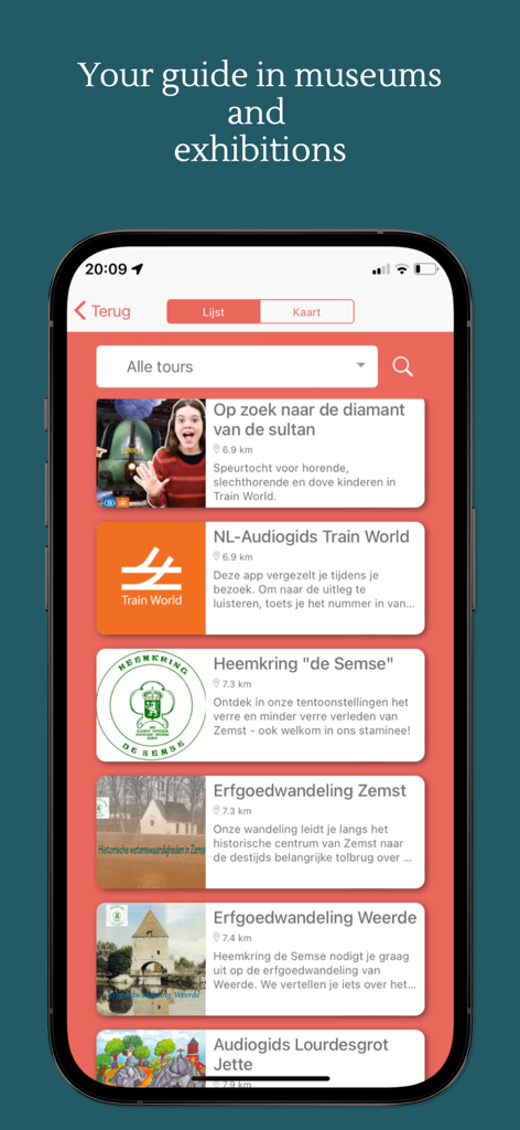 Heritage App - スマートフォンに博物館ツアーやヘリテージウォークのリストを表示するヘリテージアプリのインターフェース