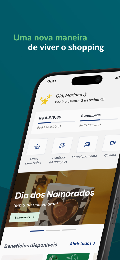 Shopping Campo Limpo - ALLOS - Mobile app interface for Shopping Campo Limpo showing a user loyalty dashboard with spending progress and menu options for parking and cinema