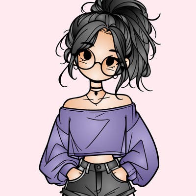 girl with a messy ponytail glasses a baggy crop top and jean shorts