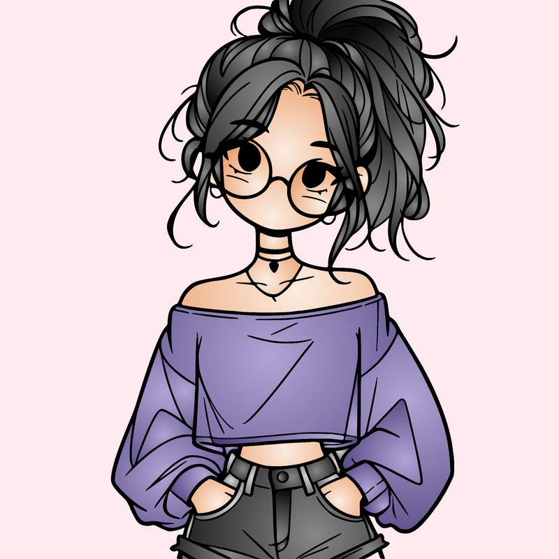 girl with a messy ponytail glasses a baggy crop top and jean shorts