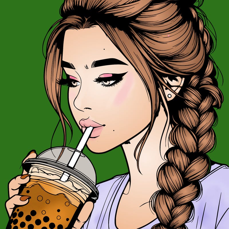 realistic girl drinking boba tea with braided hair