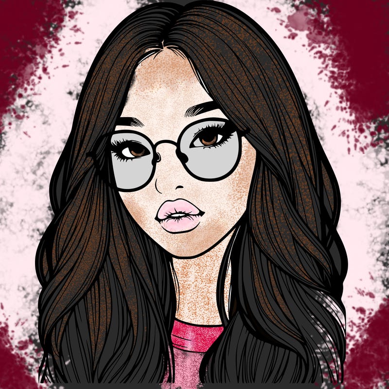 realistic korean girl with long hair, glasses and big lips