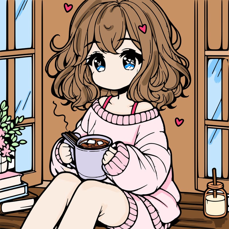 cute anime girl reading book and drinking hot chocolate from mug with loose wavy hair wearing a baggy sweatshirt and shorts sitting by windowsill looking out