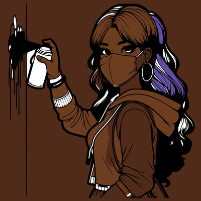 realistic girl with mask spray painting a wall