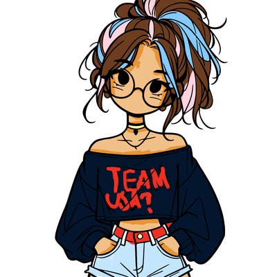 girl with a messy ponytail glasses a baggy crop top and jean shorts
