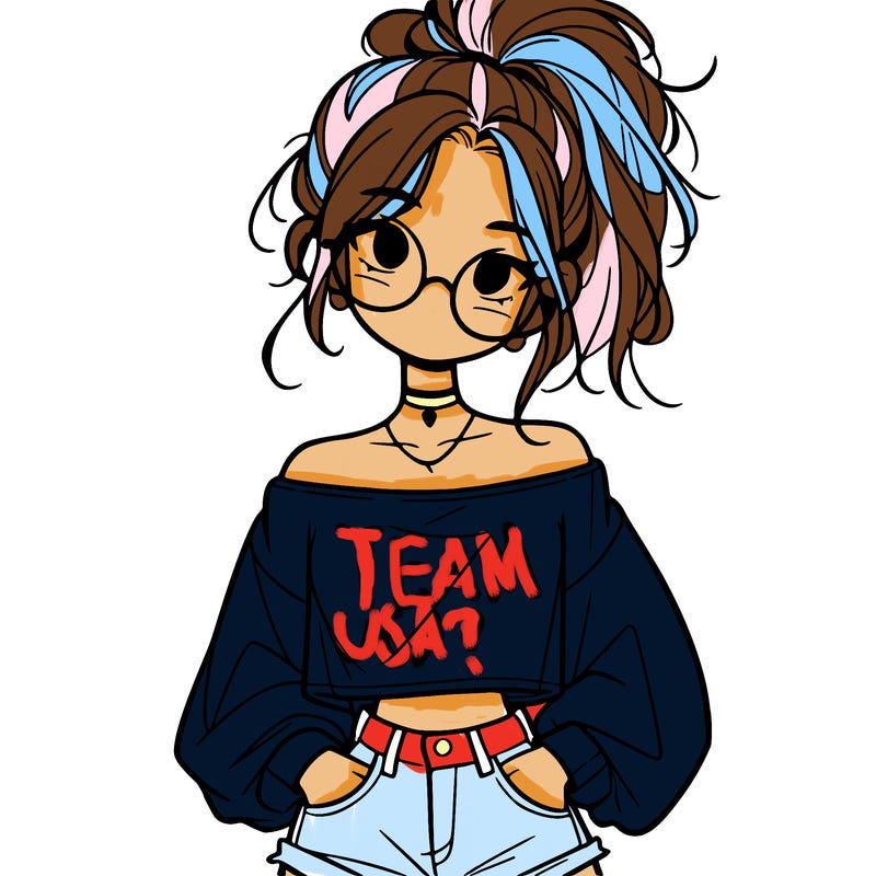 girl with a messy ponytail glasses a baggy crop top and jean shorts