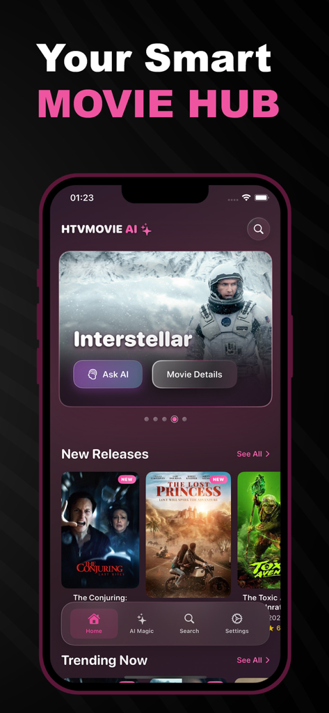 Écran d'accueil de l'application Hi TV affichant les films en vedette et les options de recherche IA.