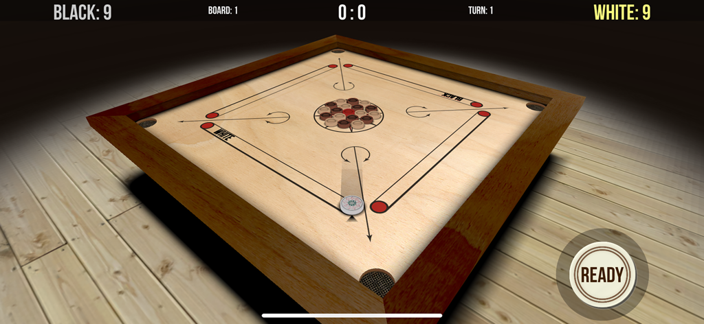 Realistic 3D carrom board gameplay showing the striker and center coins