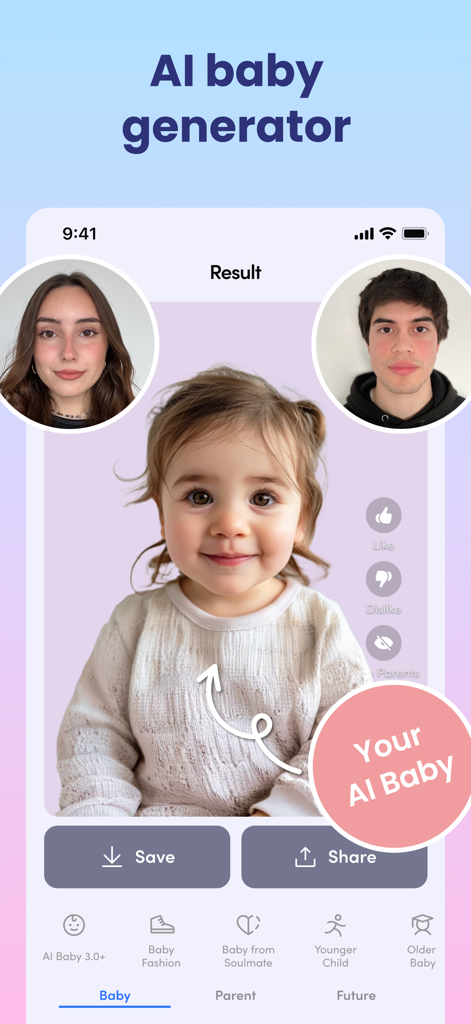 AI Baby Generator: Face Maker - Écran de l'application montrant un joli visage de bébé généré par IA à partir des photos d'un homme et d'une femme