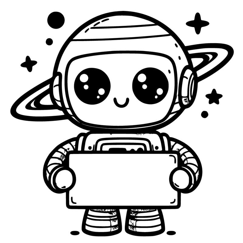 a cute robot with a saturn-like ring around its head and holding blank sign