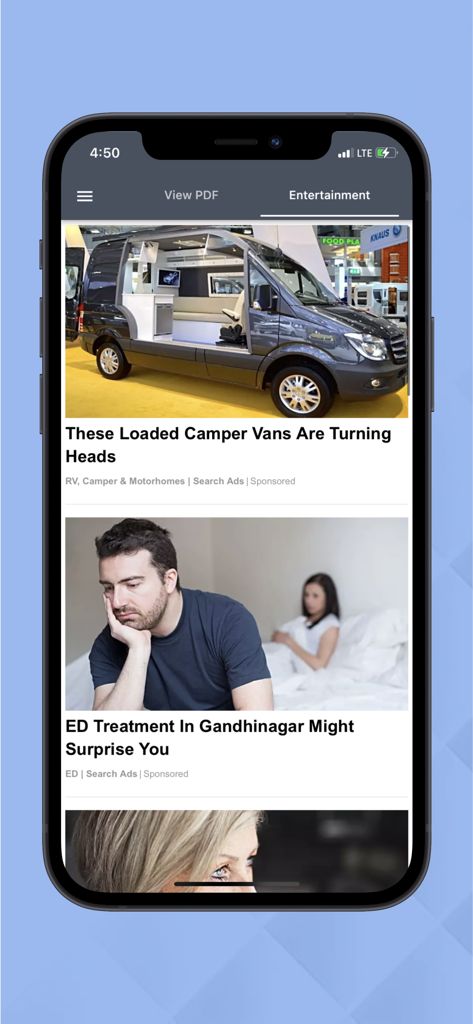 Excel To Pdf Converter - Aba de entretenimento dentro do aplicativo Conversor de Excel para PDF mostrando artigos de notícias e conteúdo patrocinado