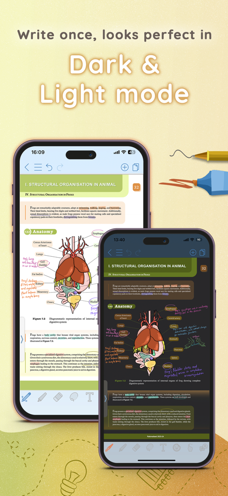 Side-by-side comparison of CollaNote app in light and dark mode showing biology study notes