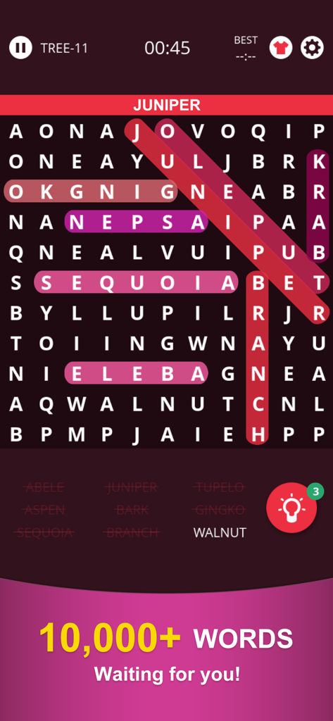 Word Search:Brain Puzzle Game - Interfaz del juego de sopa de letras con un tema oscuro que muestra una cuadrícula de letras y palabras resaltadas