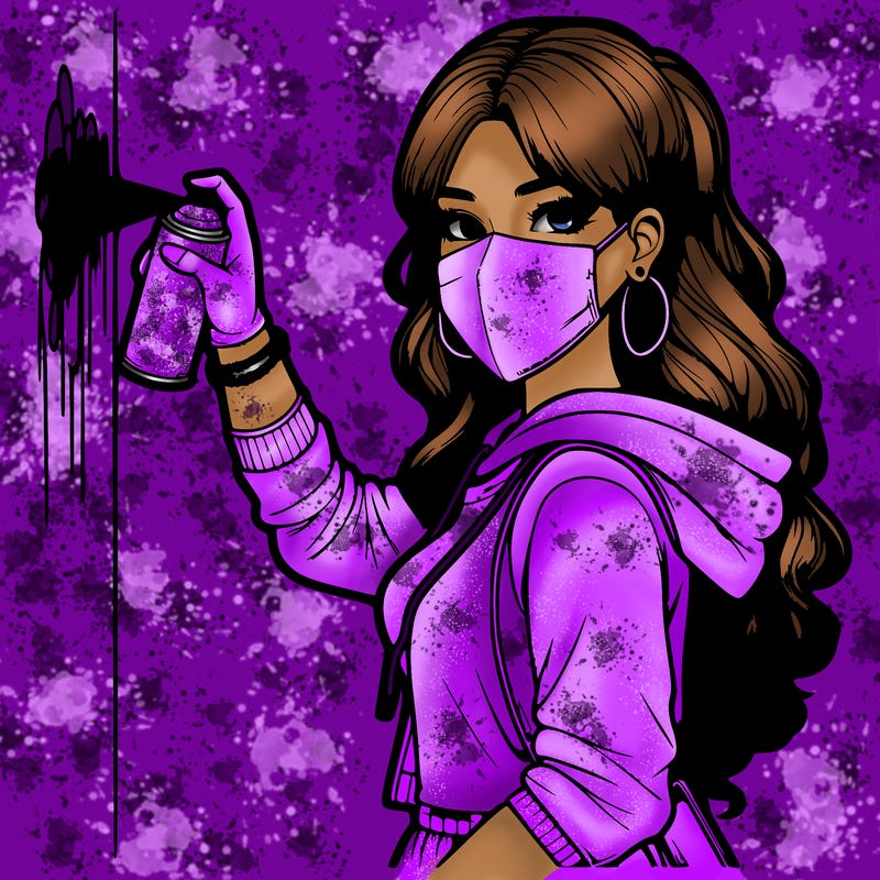 realistic girl with mask spray painting a wall