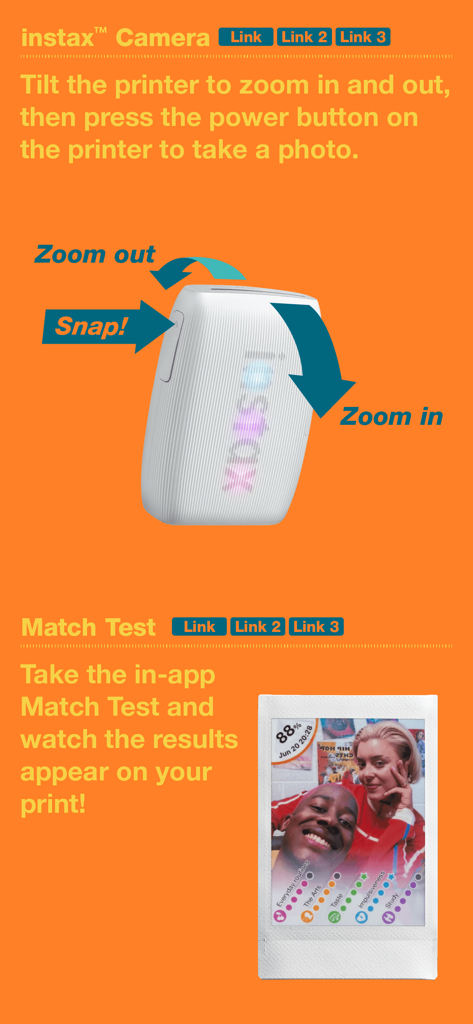 Infographic for instax camera tilt controls and match test feature