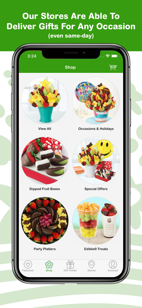 Edible - The Edible app shop screen showing gift categories like fruit arrangements and dipped fruit boxes.