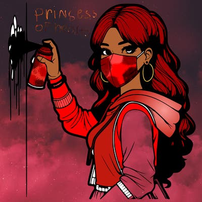 realistic girl with mask spray painting a wall