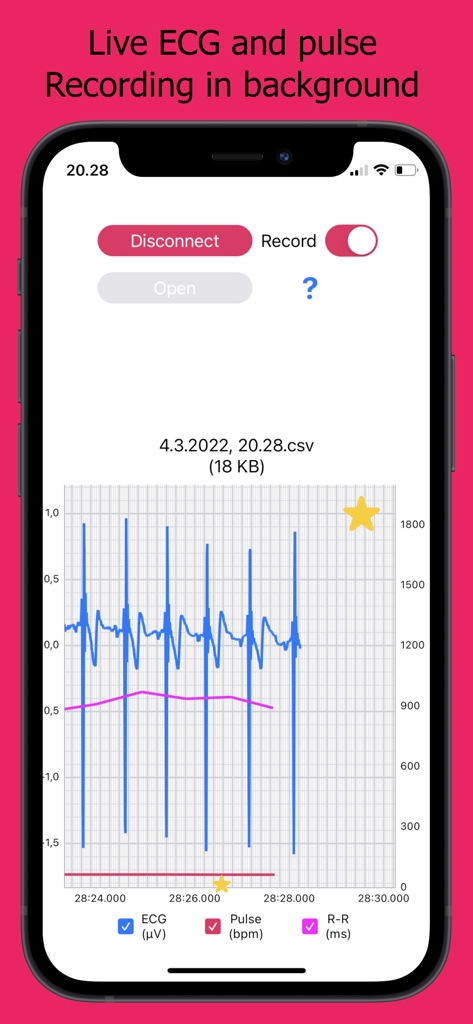 ECG Logger for Polar H10 - ECG Logger for Polar H10 showing live heart rate and ECG data graphs