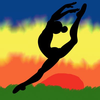 gymnast doing a leap in a leotard with a bent back leg