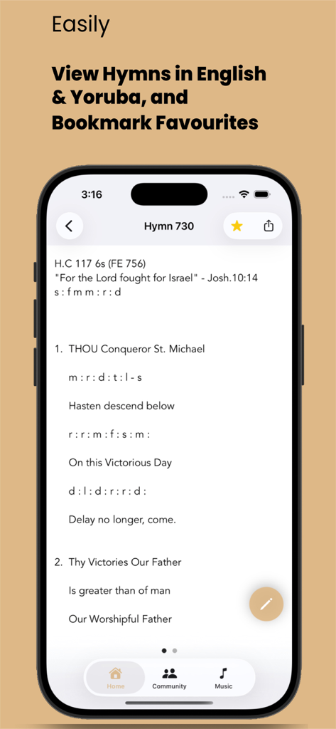 CSHymns - iPhone screen displaying English hymn lyrics in the CSHymns app with a star icon to bookmark favorites