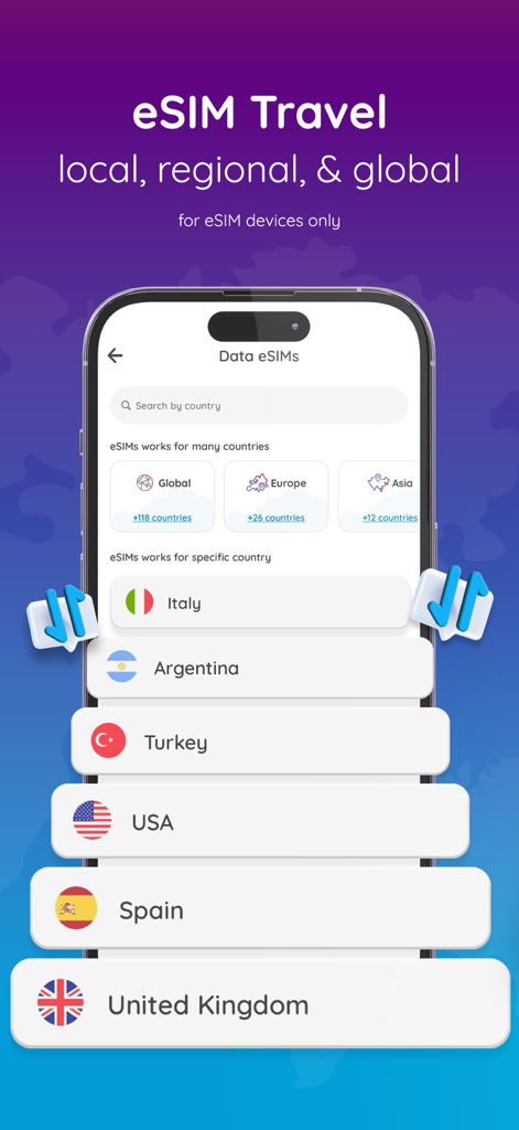 Numero eSIM: 2nd Phone Number - Interfaz de la aplicación Numero eSIM mostrando planes de datos globales de viaje para varios países