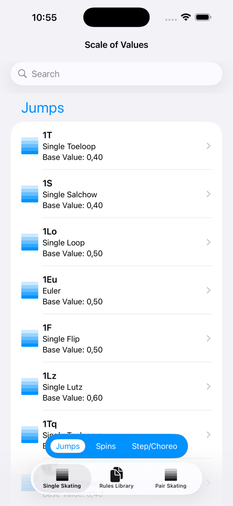 A list of figure skating jumps and their base values in the Scale of Values mobile app