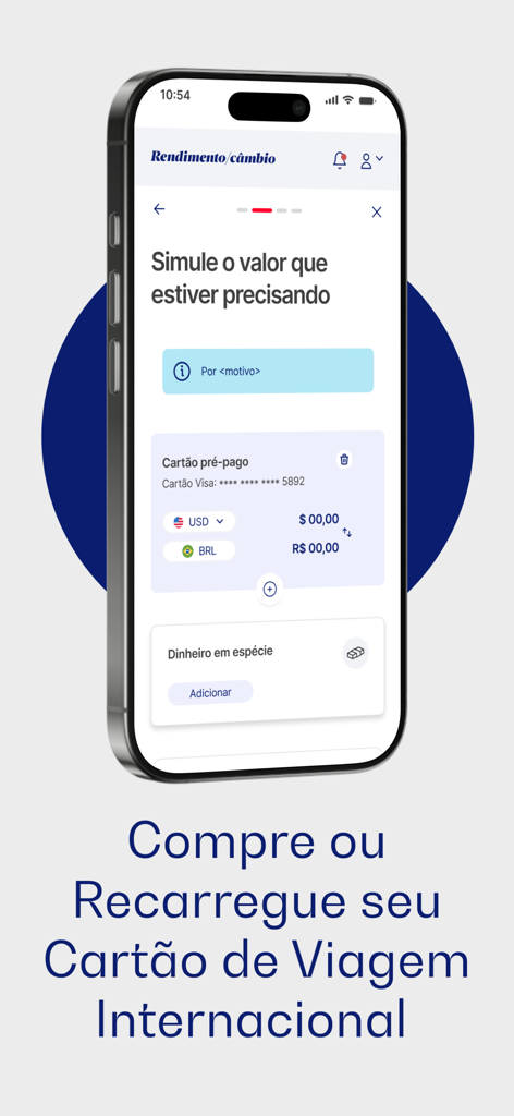 Rendimento Cambio App-Bildschirm zum Aufladen einer internationalen Reisekarte mit USD- und BRL-Umtauschoptionen