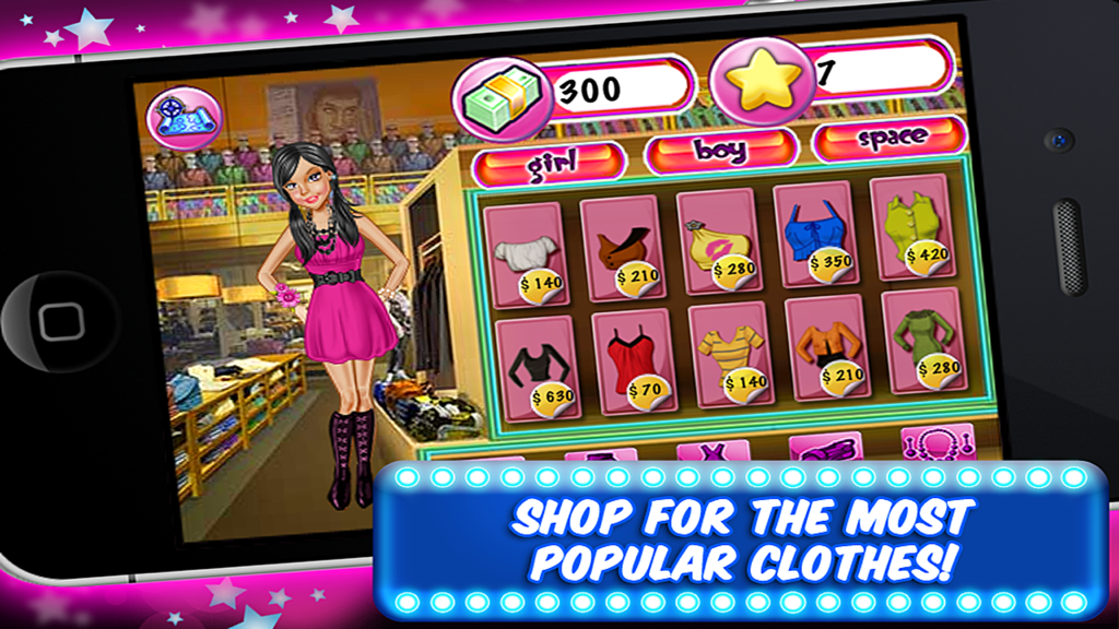 My High School Dance Game - Charakter stöbert in einem Bekleidungsgeschäft mit verschiedenen Outfits in Mein Highschool Tanzspiel.