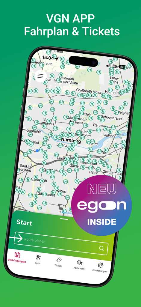 VGN Fahrplan & Tickets - VGN Fahrplan and Tickets app screenshot showing a public transit map of Nuremberg and route search interface