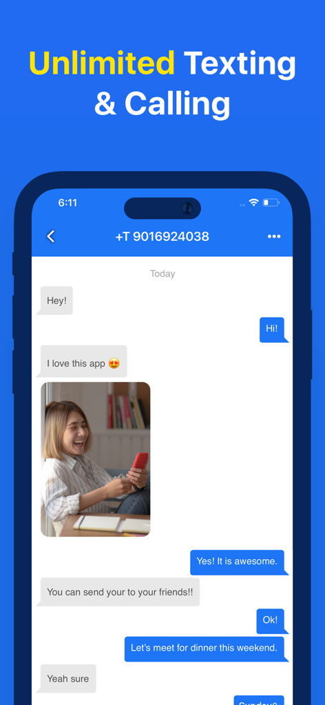 Mobile app interface of Text showing a chat conversation for unlimited texting and calling