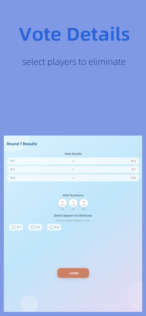 UnderCover: DIY - UnderCover DIY game screen showing round one voting details and options to eliminate players