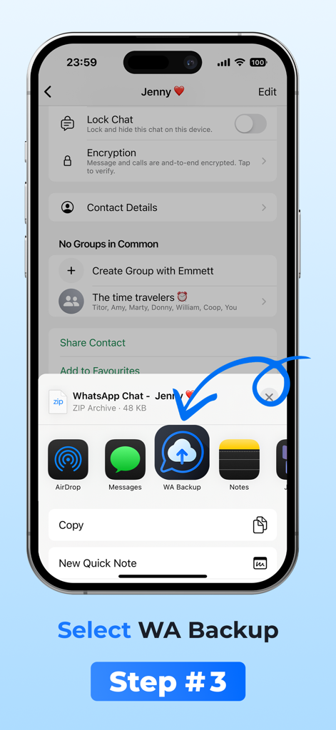 Chat Backup Restore - iPhone screen showing how to select the WA Backup icon in the share menu