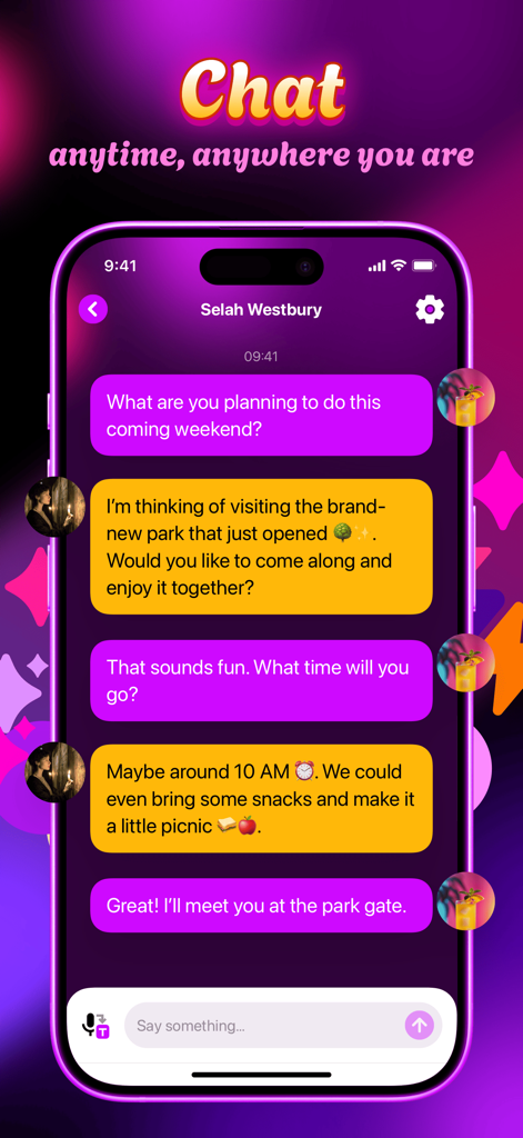 Zepka - Chat, Gather & Cheer - A mobile screenshot showing a conversation in the Zepka app with vibrant purple and yellow chat bubbles.