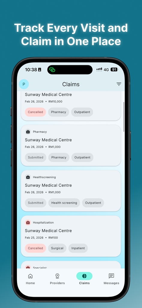HealthMetrics Global - Mobile app screen showing a list of tracked medical claims and visits with status updates and spending details.