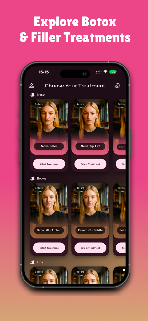 코 및 눈썹 개선을 위한 다양한 미용 시술 옵션을 보여주는 모바일 앱 인터페이스