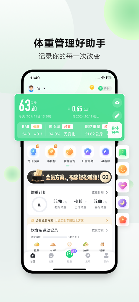 Sunri app dashboard interface showing weight tracking and body metrics in Chinese