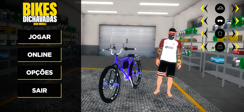 Bike Dichavadas - Brasil - Main menu screen of the Bike Dichavadas mobile game featuring a character and a customizable purple bicycle in a garage environment