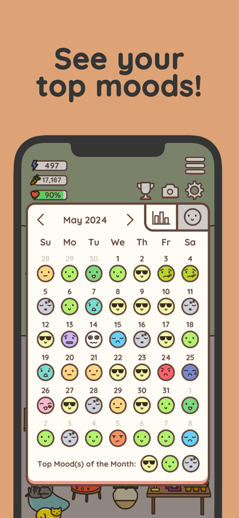 Habit Rabbit: Habit Tracker - Monthly mood tracking calendar with colorful emojis in the Habit Rabbit app