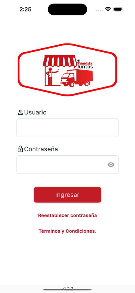 Mi Tiendita Juntos - Pantalla de inicio de sesión de la aplicación Mi Tiendita Juntos con campos para nombre de usuario y contraseña en español.
