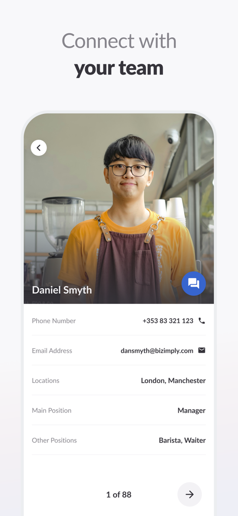 MyZimply from Bizimply - Mobile app screen showing an employee profile for a manager with contact details and team communication options