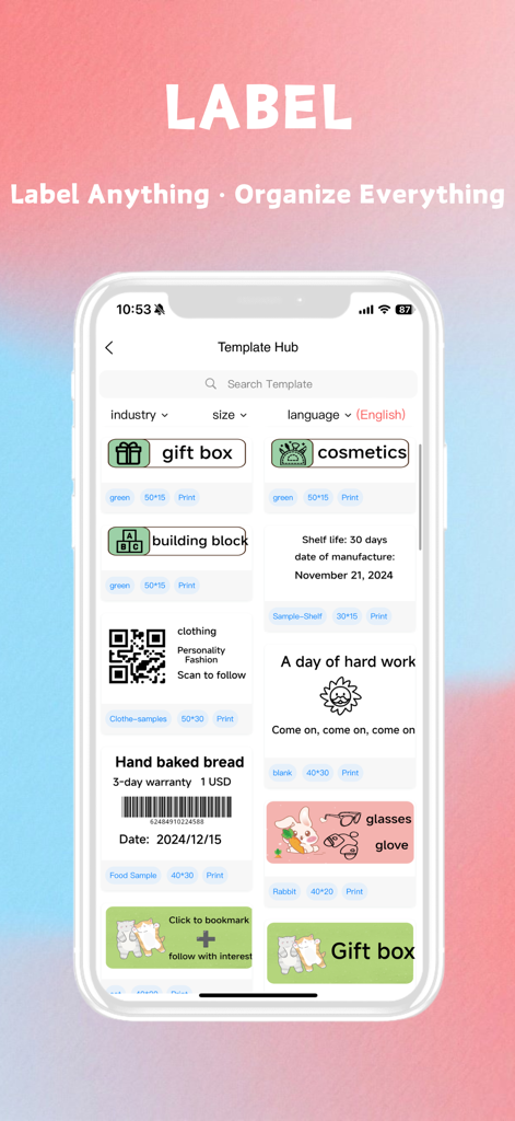 Fun Print - Fun Print app interface showing various label templates for organization and storage