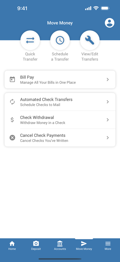 Polish-American Federal CU - Move Money screen of the Polish-American Federal Credit Union mobile app showing transfer and bill pay features