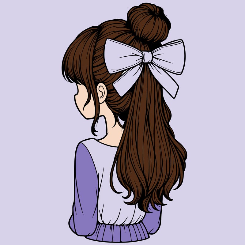 realistic girl  with hip length hair a bun and a big bow on the back of head