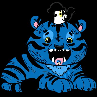 a big tiger with a bird on it's head and the birds wearing a hat