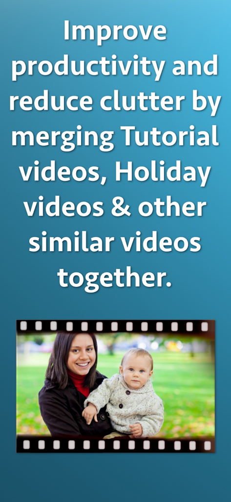 Video Joiner & Merger - Una pantalla promocional para la aplicación Unificador y Fusionador de Videos que muestra una foto familiar y texto sobre la fusión de videos tutoriales y de vacaciones.