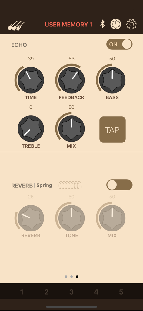 Interface of the THR Remote app showing echo and spring reverb effect controls for Yamaha amplifiers.