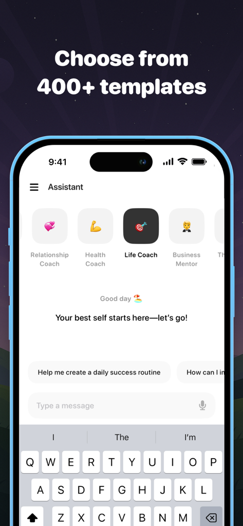 Interface of AI Assistant Chatbot showing various expert personas and prompt templates