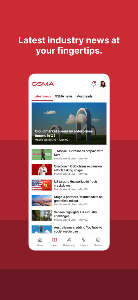 GSMA app interface displaying a feed of the latest telecommunications industry news.